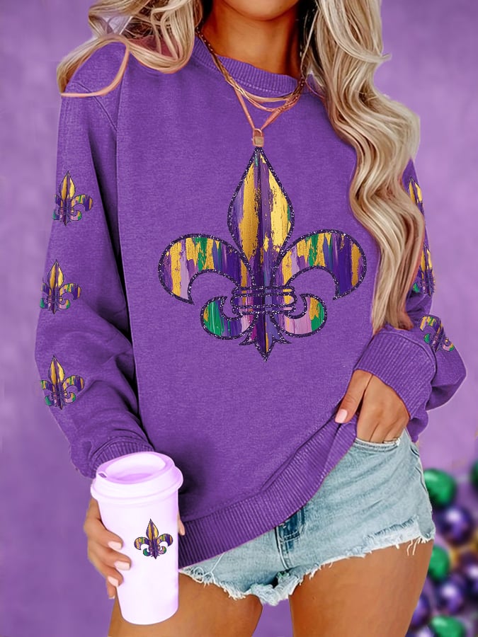 Women's Mardi Gras Fleur De Lis Colorblock Print Casual Sweatshirt