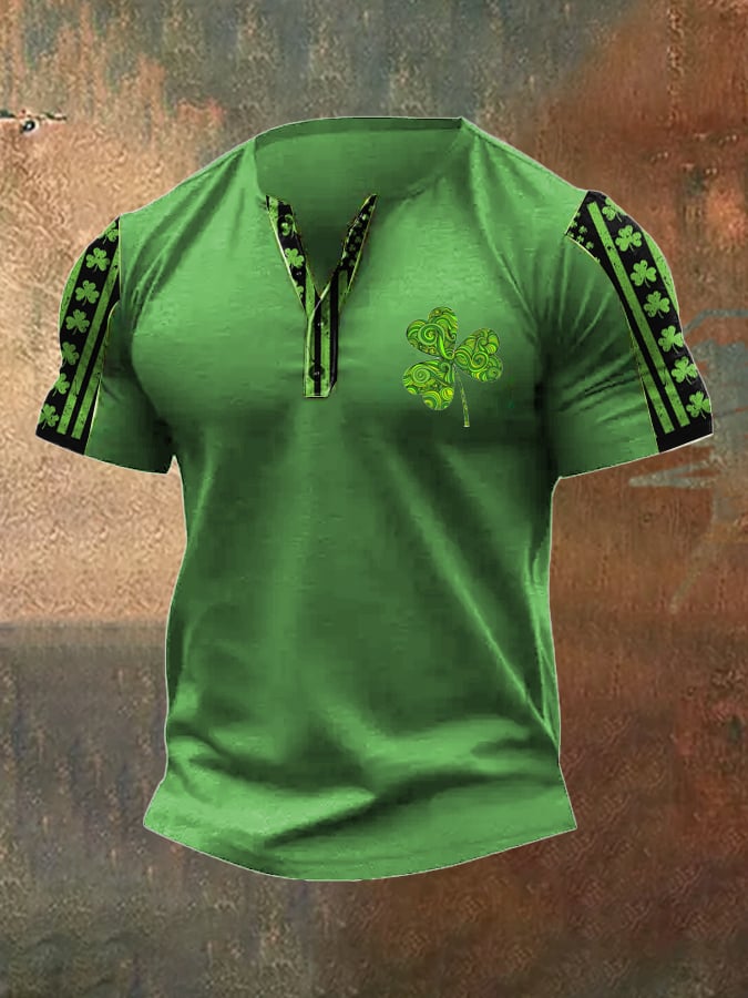 Men's Vintage St. Patrick's Day Print Henley Neck T-Shirt