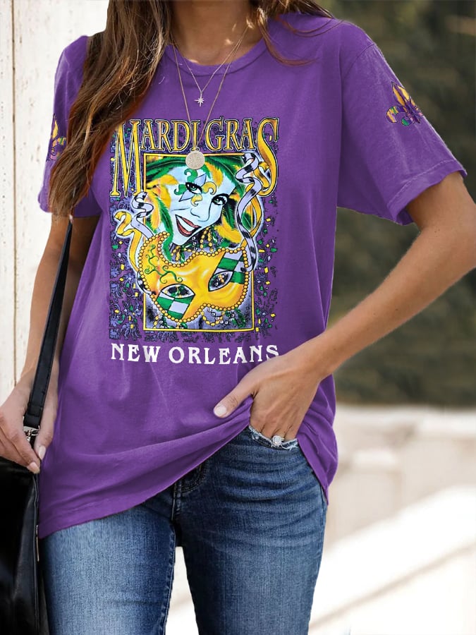 Women's Mardi Gras Masquerade New Orleans Jester Print Casual Tee