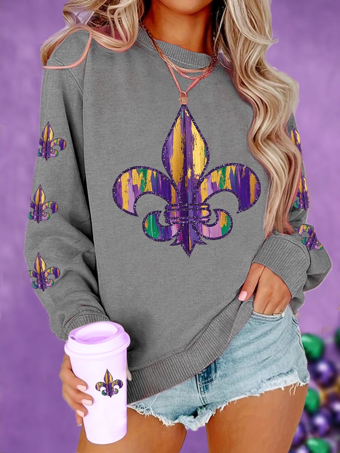 Women's Mardi Gras Fleur De Lis Colorblock Print Casual Sweatshirt