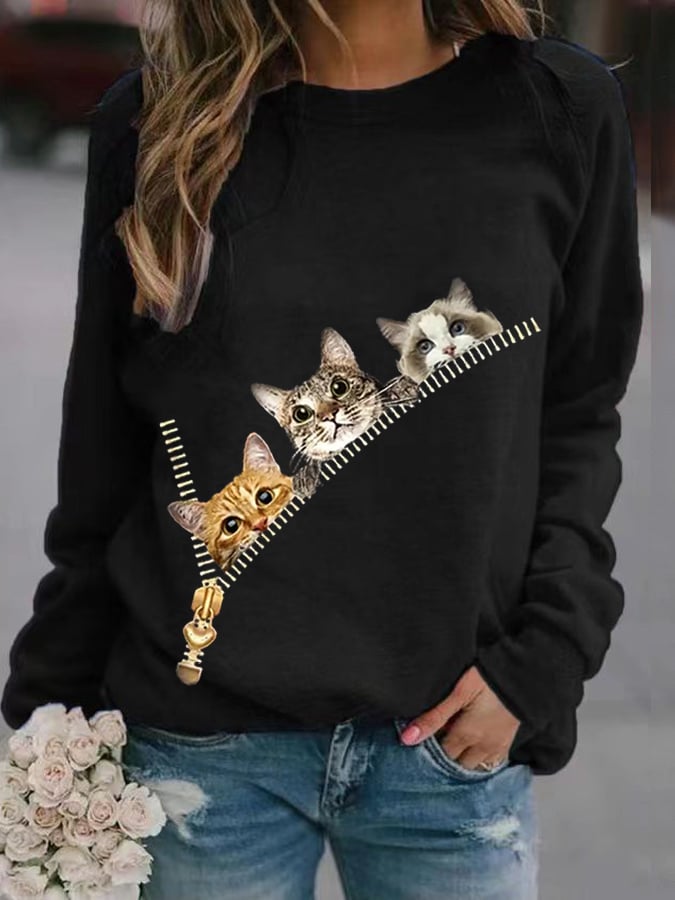 Women's Zipper Cat Print Round Neck Sweatshirt
