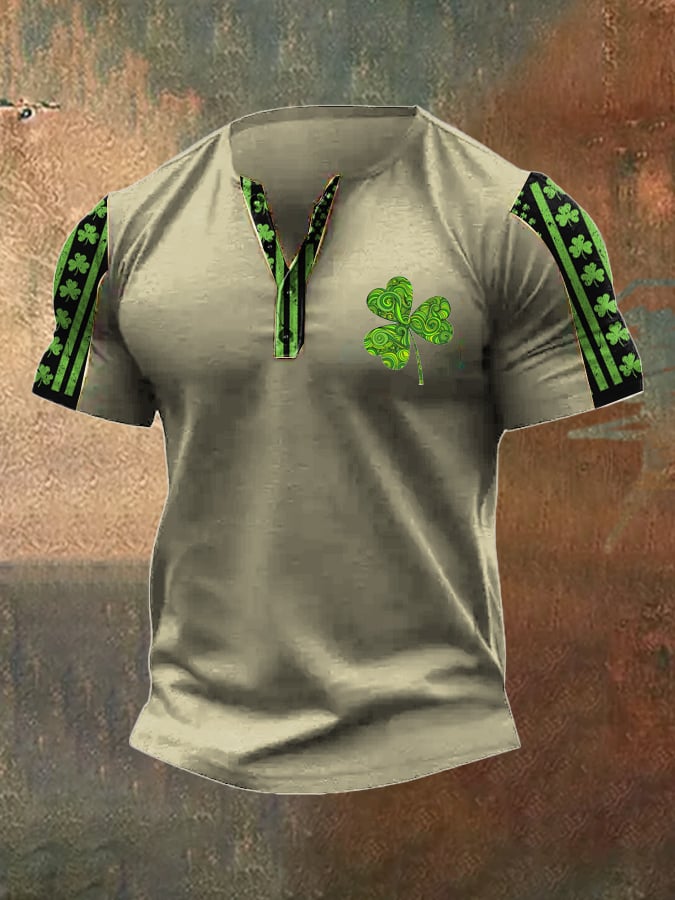 Men's Vintage St. Patrick's Day Print Henley Neck T-Shirt