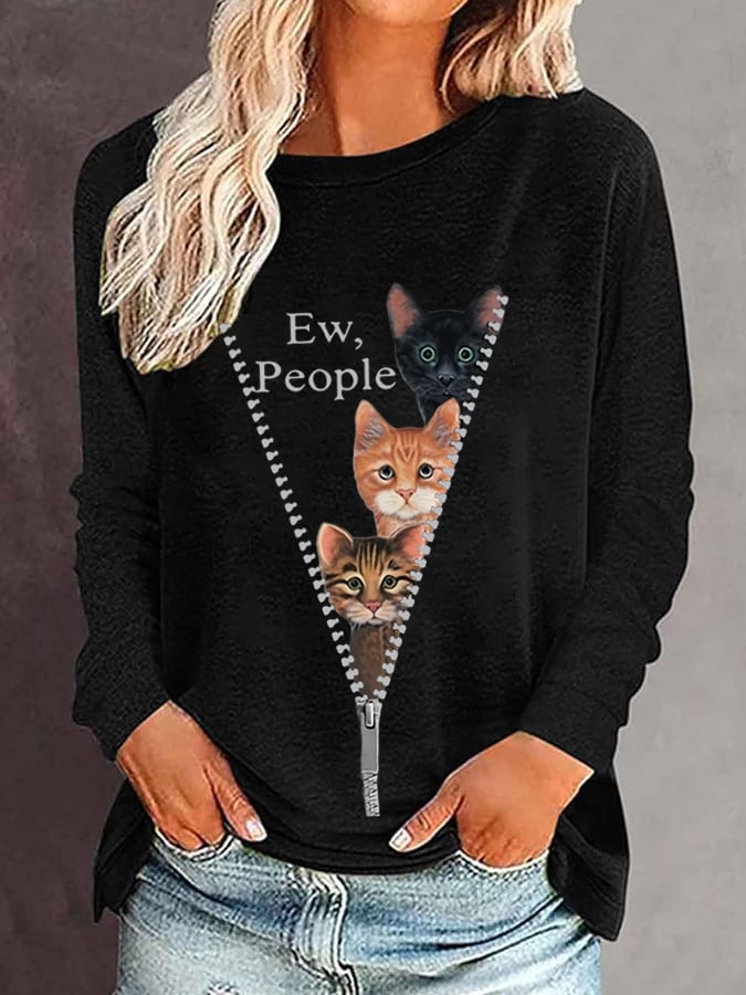 Women's Zipper Cat Print Casual T-Shirt
