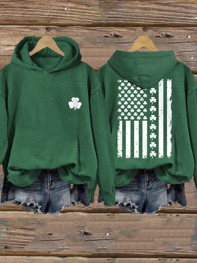 Women's St. Patrick's Day American Flag Lucky Shamrock Casual Hoodie