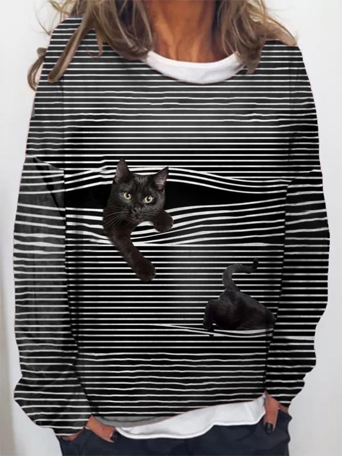 Women's Striped Cat Print Casual Sweatshirt