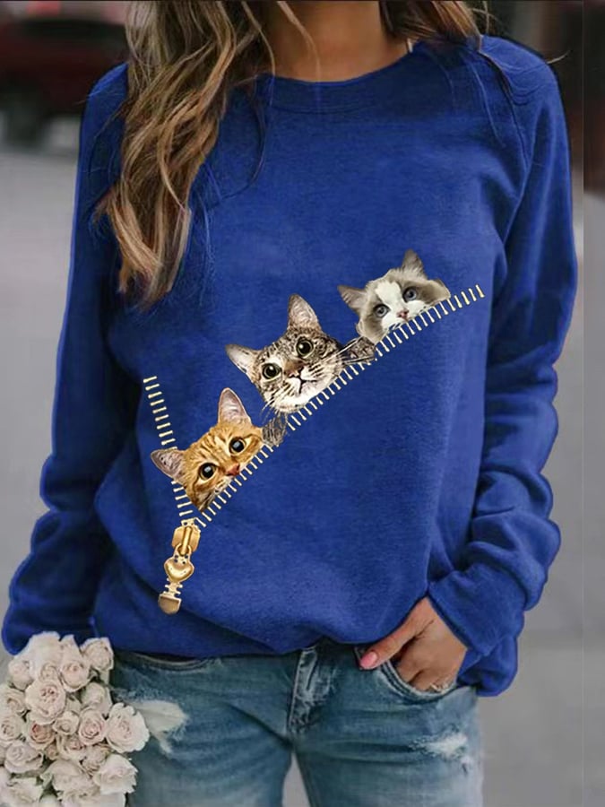 Women's Zipper Cat Print Round Neck Sweatshirt