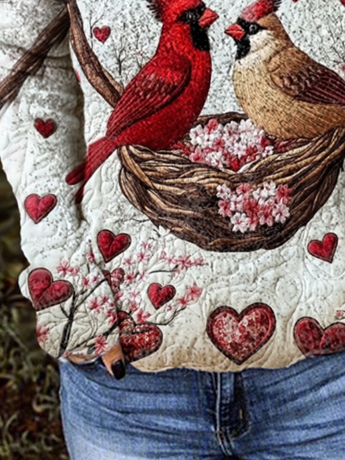 V-neck Retro Valentine's Day Cardinalis Loyalty And Enduring Love Print Knit Tops