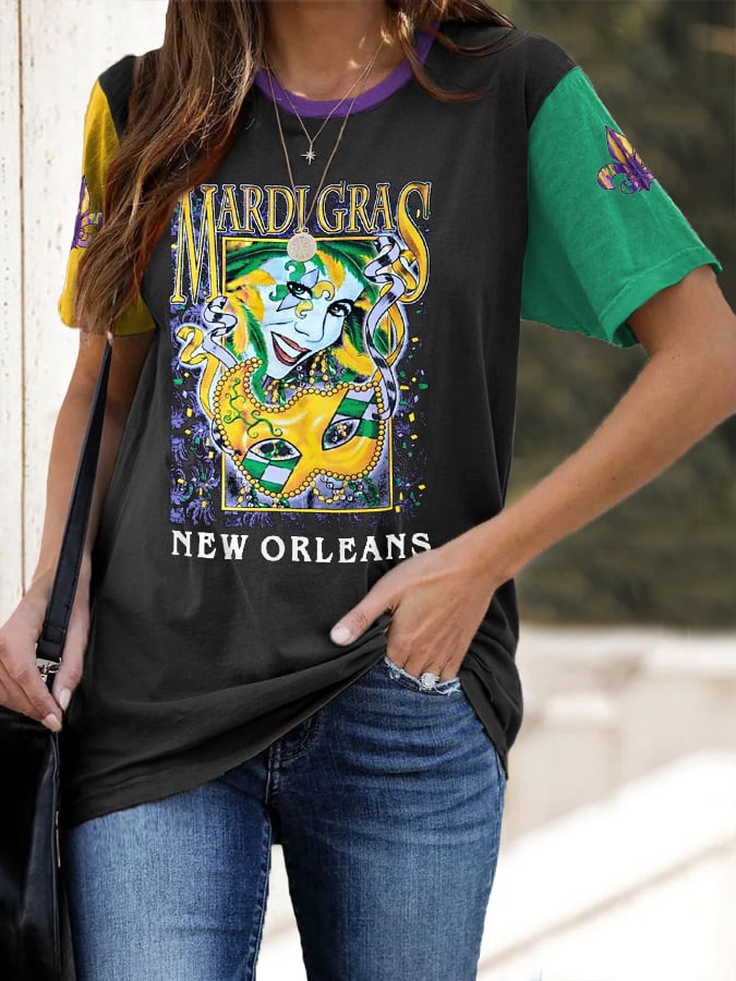 Women's Mardi Gras Masquerade New Orleans Jester Print Casual Tee
