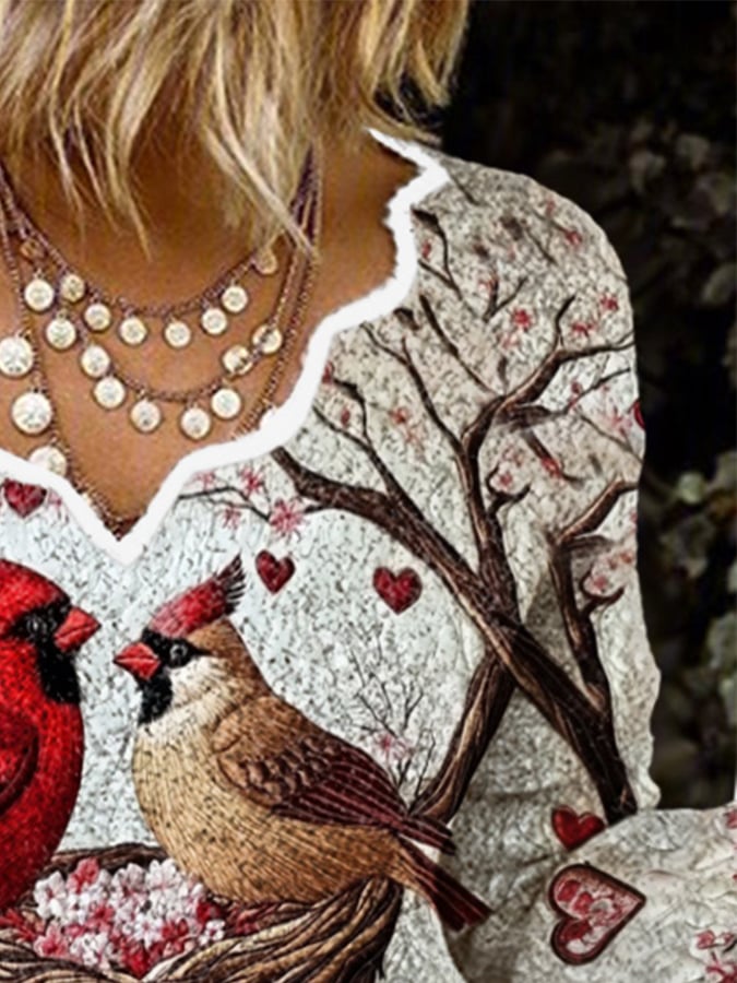 V-neck Retro Valentine's Day Cardinalis Loyalty And Enduring Love Print Knit Tops