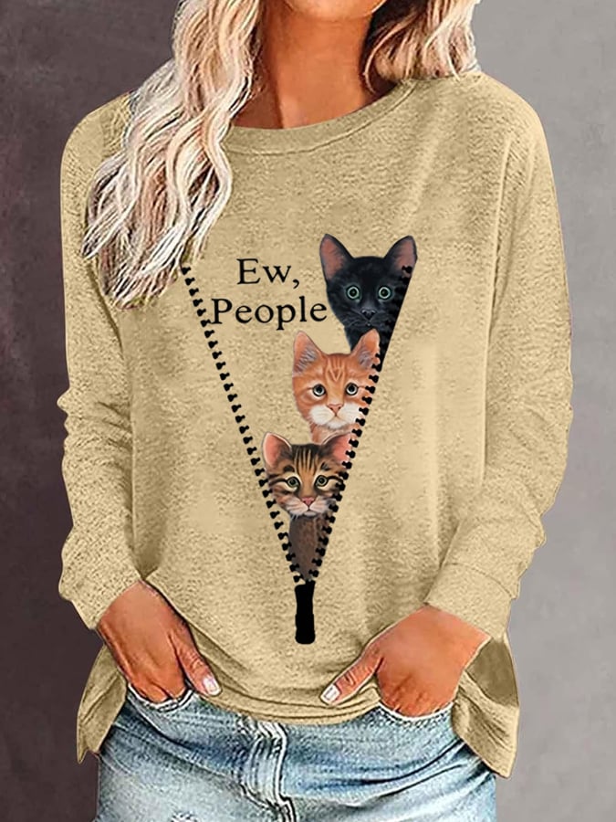 Women's Zipper Cat Print Casual T-Shirt