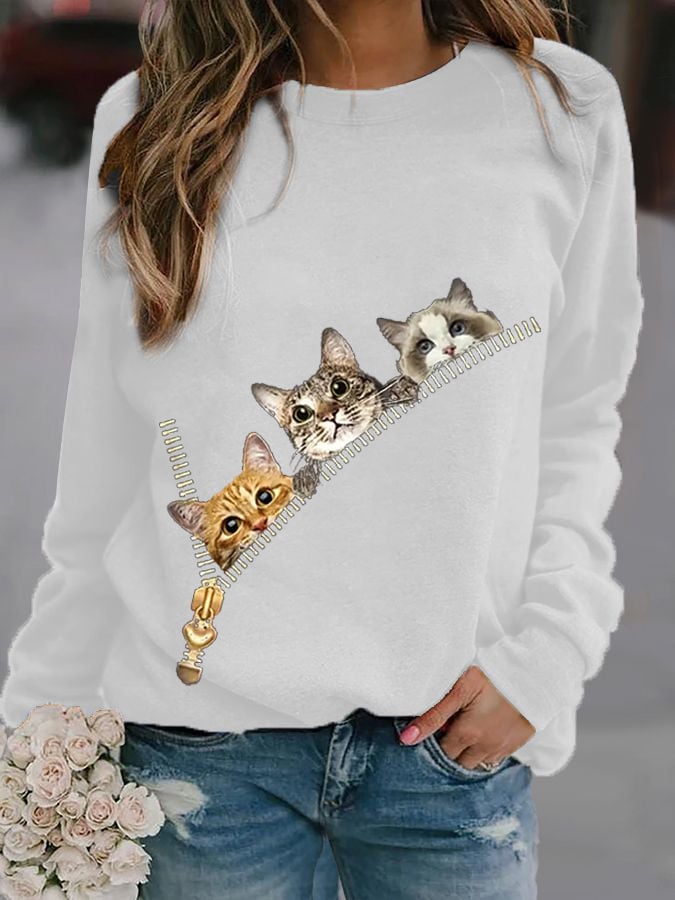 Women's Zipper Cat Print Round Neck Sweatshirt