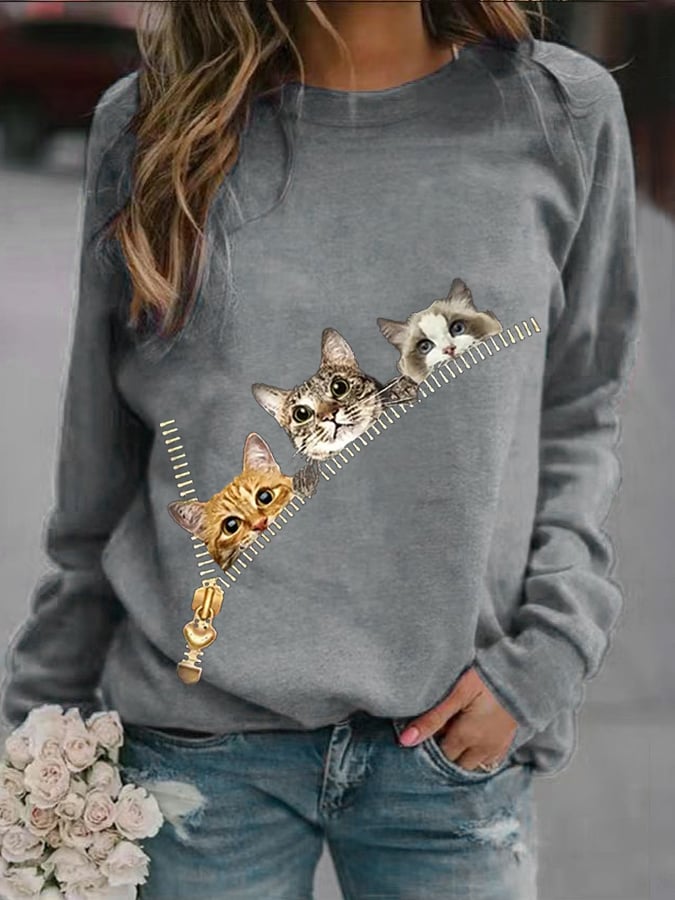 Women's Zipper Cat Print Round Neck Sweatshirt