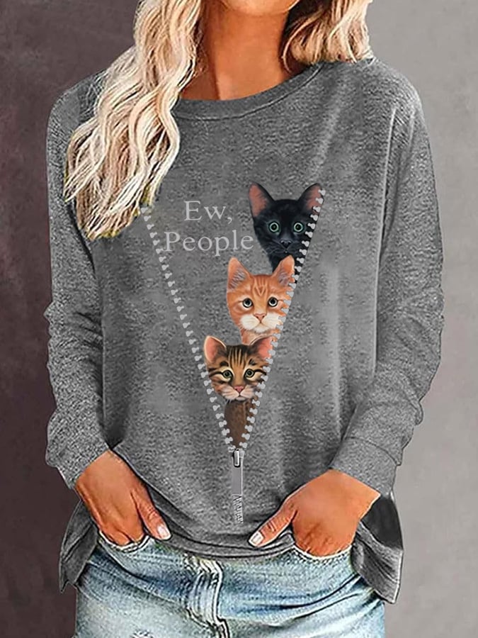 Women's Zipper Cat Print Casual T-Shirt