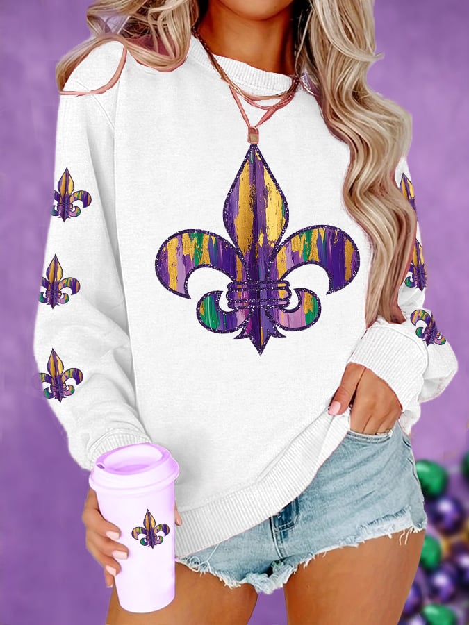 Women's Mardi Gras Fleur De Lis Colorblock Print Casual Sweatshirt