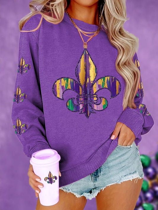 Women's Mardi Gras Fleur De Lis Colorblock Print Casual Sweatshirt