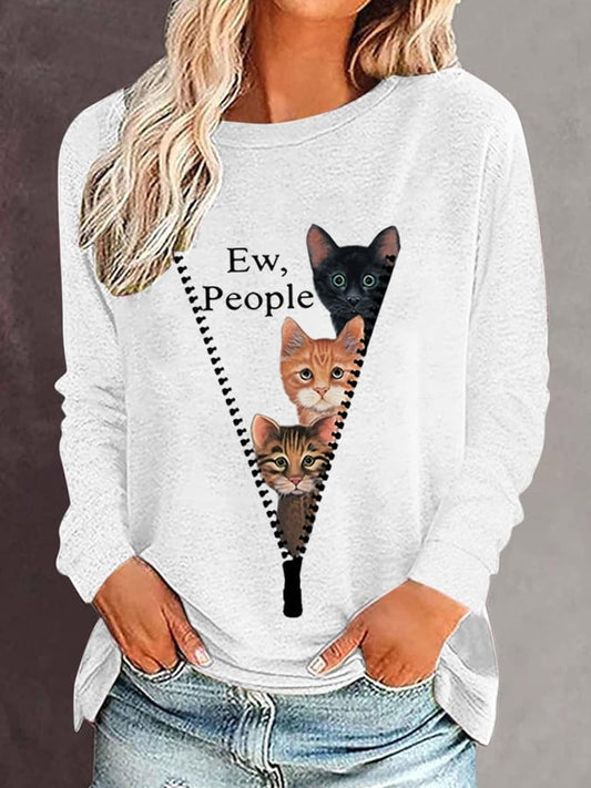 Women's Zipper Cat  Print Casual T-Shirt