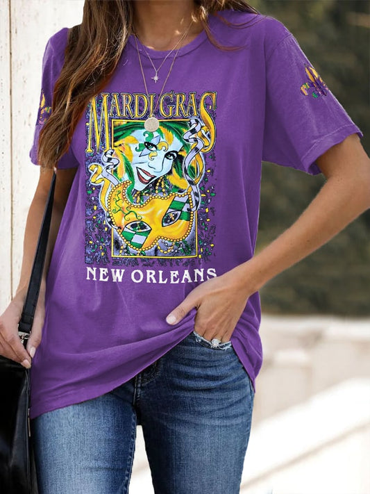Women's Mardi Gras Masquerade New Orleans Jester Print Casual Tee