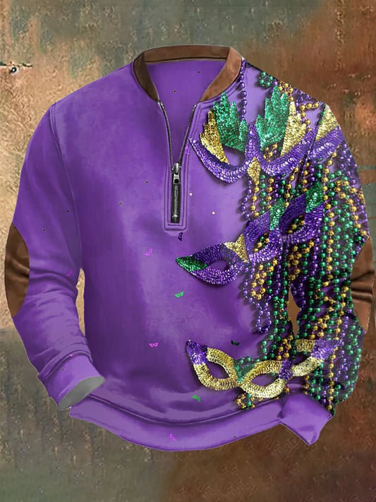 Men'S Mardi Gras Print Zip Collar Sweatshirt