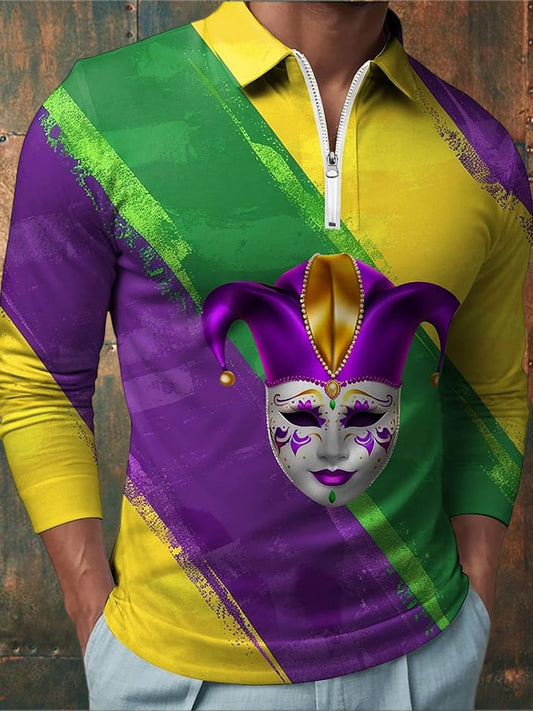 Men'S Mardi Gras Print Zip Polo Shirt