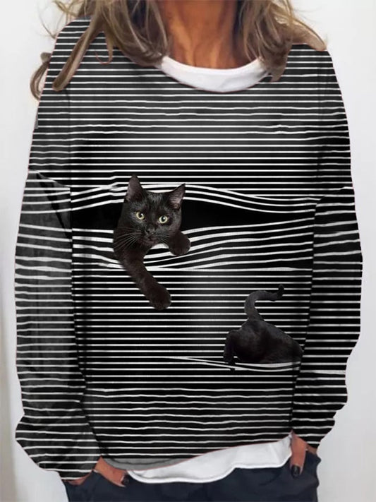Women's Striped Cat Print Casual Sweatshirt