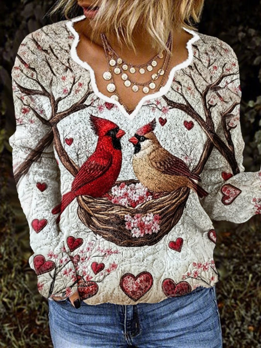 V-neck Retro Valentine's Day Cardinalis Loyalty And Enduring Love Print Knit Tops