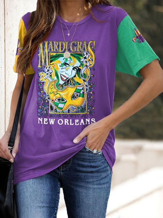 Women's Mardi Gras Masquerade New Orleans Jester Print Casual Tee
