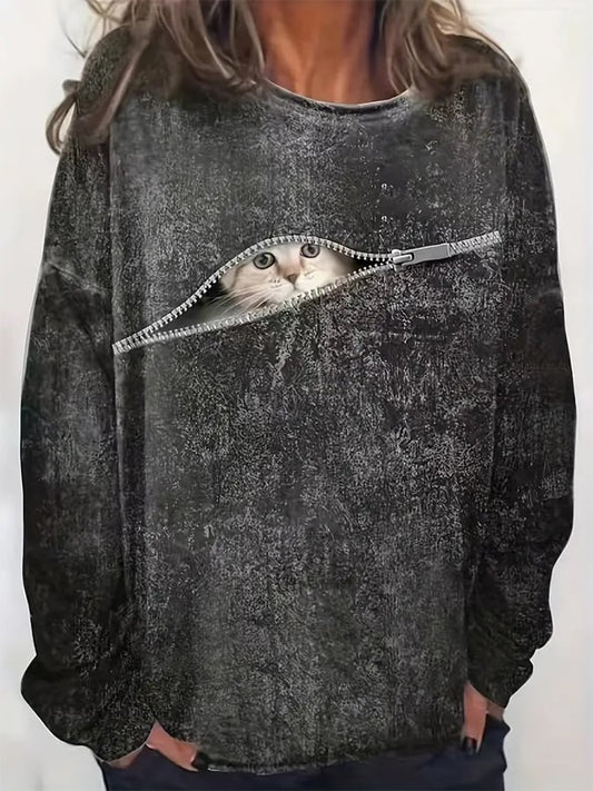 Women's Zipper Cat Print Casual Sweatshirt