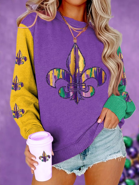 Women's Mardi Gras Fleur De Lis Colorblock Print Casual Sweatshirt