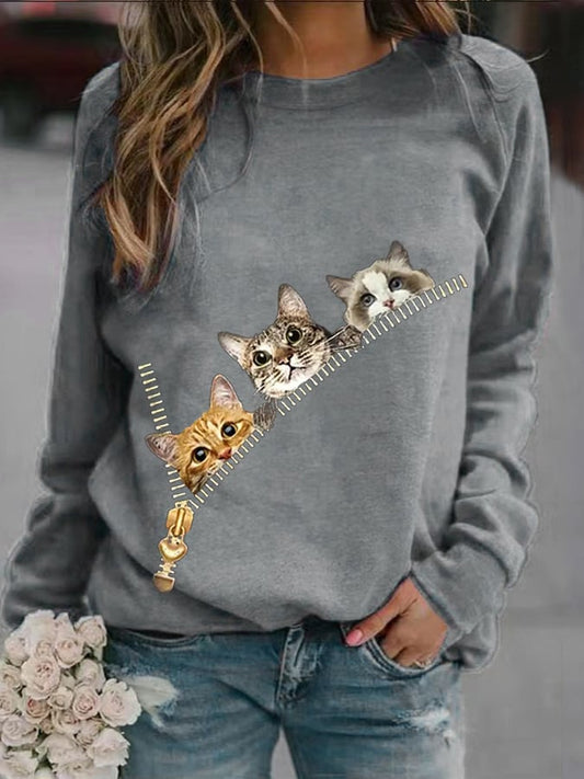 Women's Zipper Cat Print Round Neck Sweatshirt