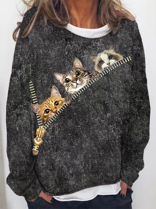 Women's Zipper Cat Print Casual Sweatshirt