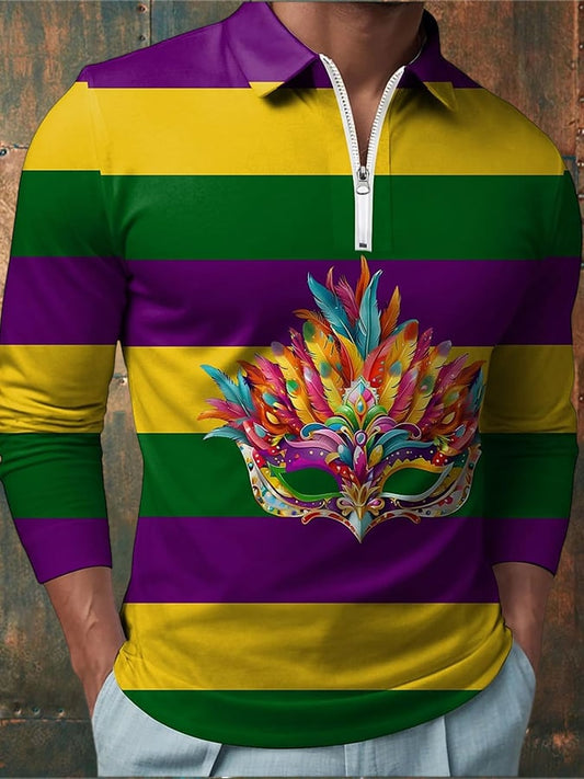 Men'S Mardi Gras Print Zip Polo Shirt