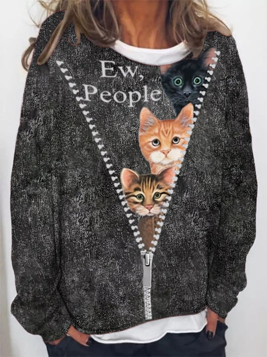 Women's Zipper Cat Print Casual Sweatshirt